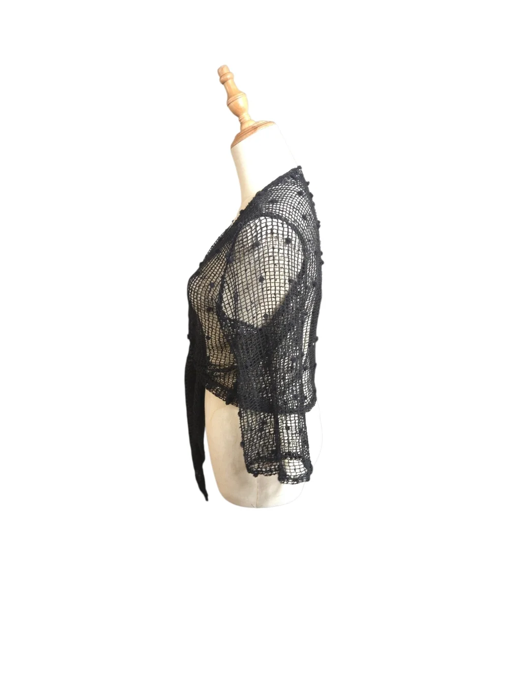 Black Crochet Open Knit Sequin Tie-Front Sweater Shrug